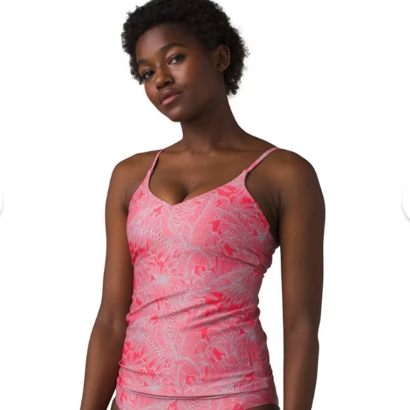 NWT Set PrAna Jess Reversible Tankini & Rhumba Bikini Papaya Fronds Coral Blue S